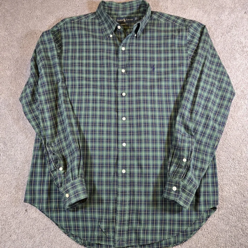 Polo Ralph Lauren Mens Large Blue‎ Green Plaid Long Sleeve Pony Logo